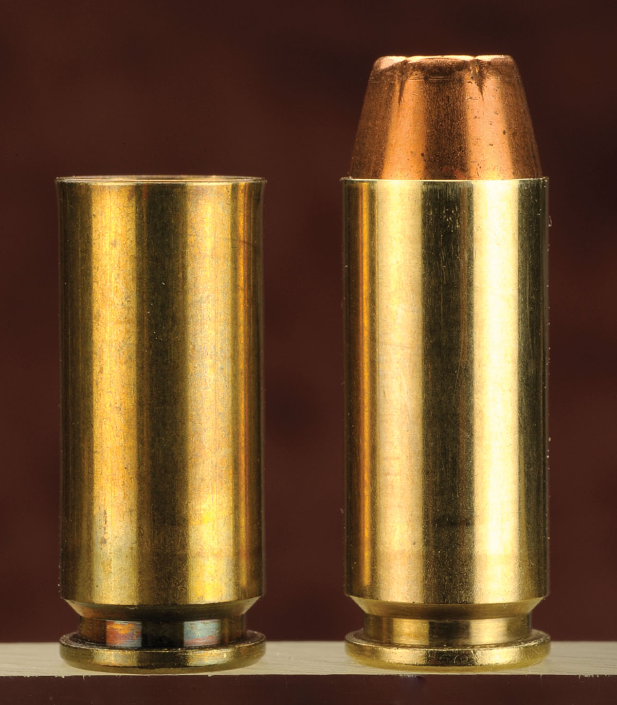 The belled case is on the left, with the finished round on the right. Take note that the flare is so minute you can hardly see it, which is the way you want it before you place the bullet on top of the case before seating.